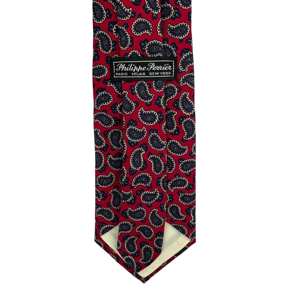 Philippe Perrier Mens Red Navy Blue Paisley Silk Blend Necktie 3.5 Inch Width
